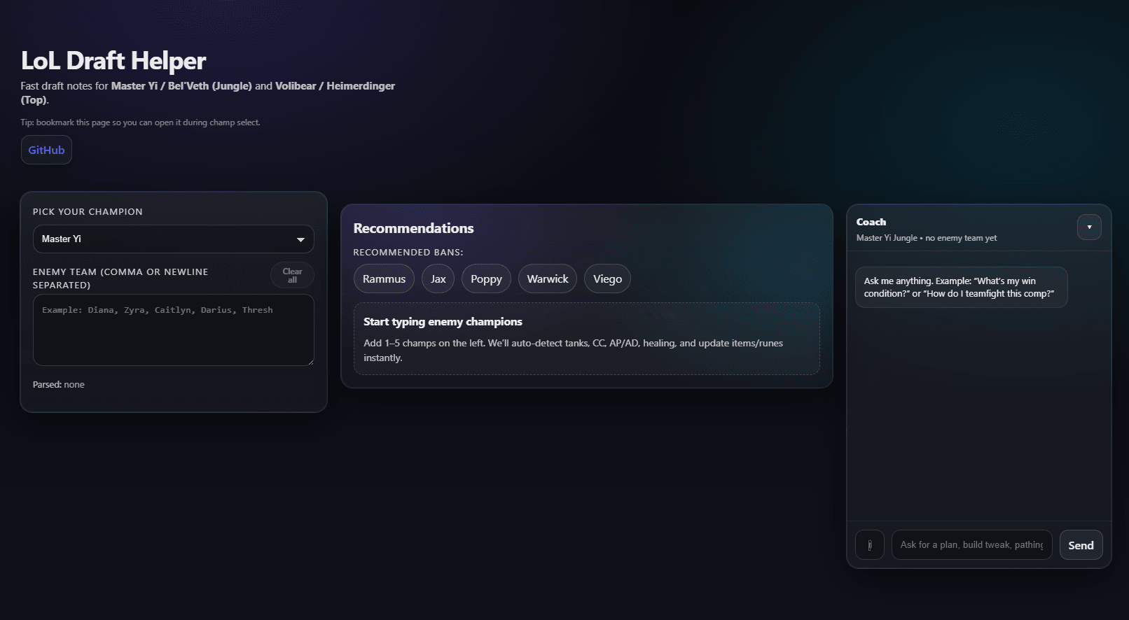 LoL Draft Helper main application with champion input, contextual recommendations, and coaching panel