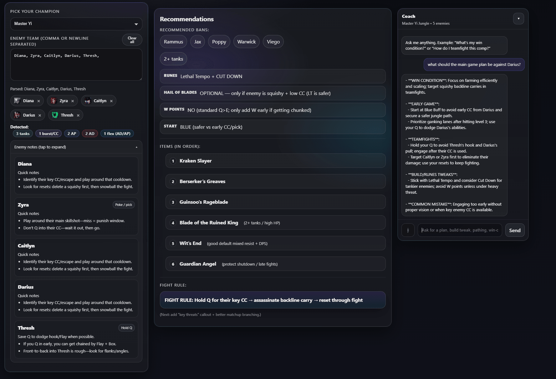 LoL Draft Helper recommendations view with team composition analysis, matchup guidance, item ordering, and AI coaching