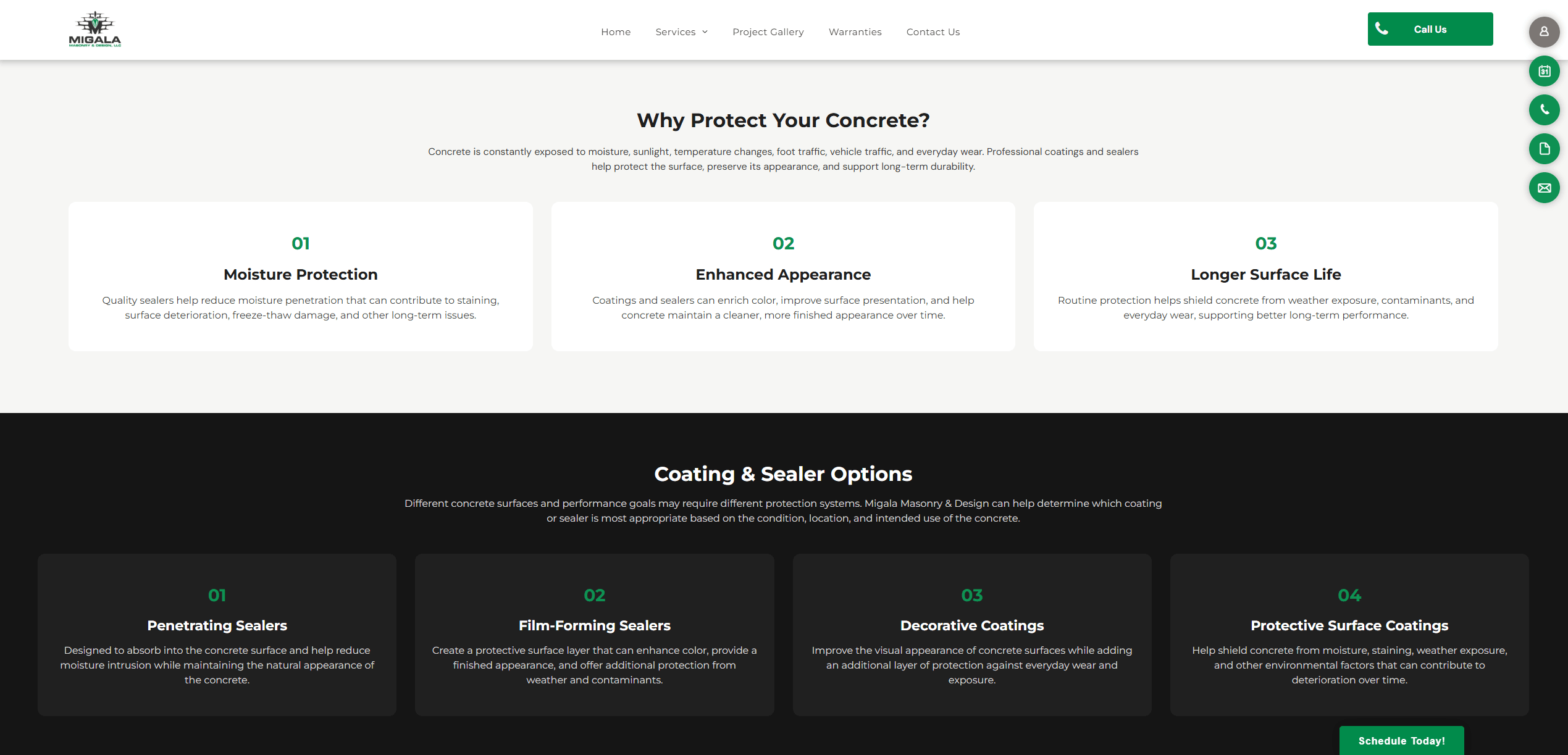 Coatings and sealers page with structured benefits and surface options