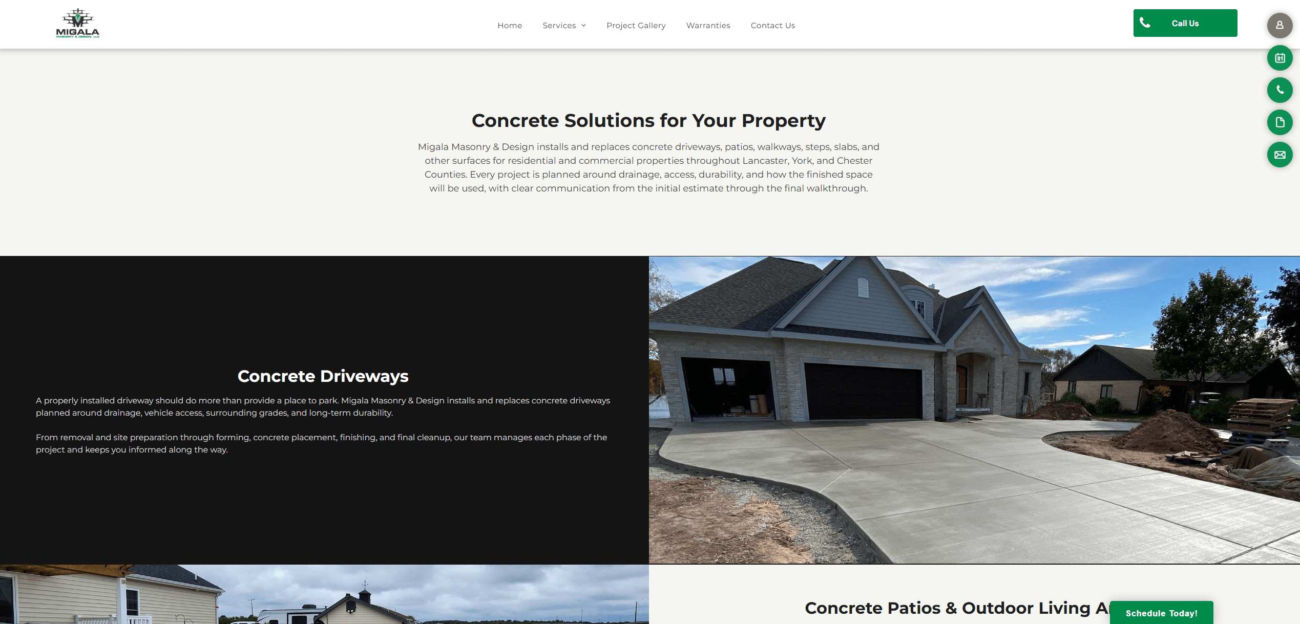 Redesigned concrete services page with clear service categories and project photography
