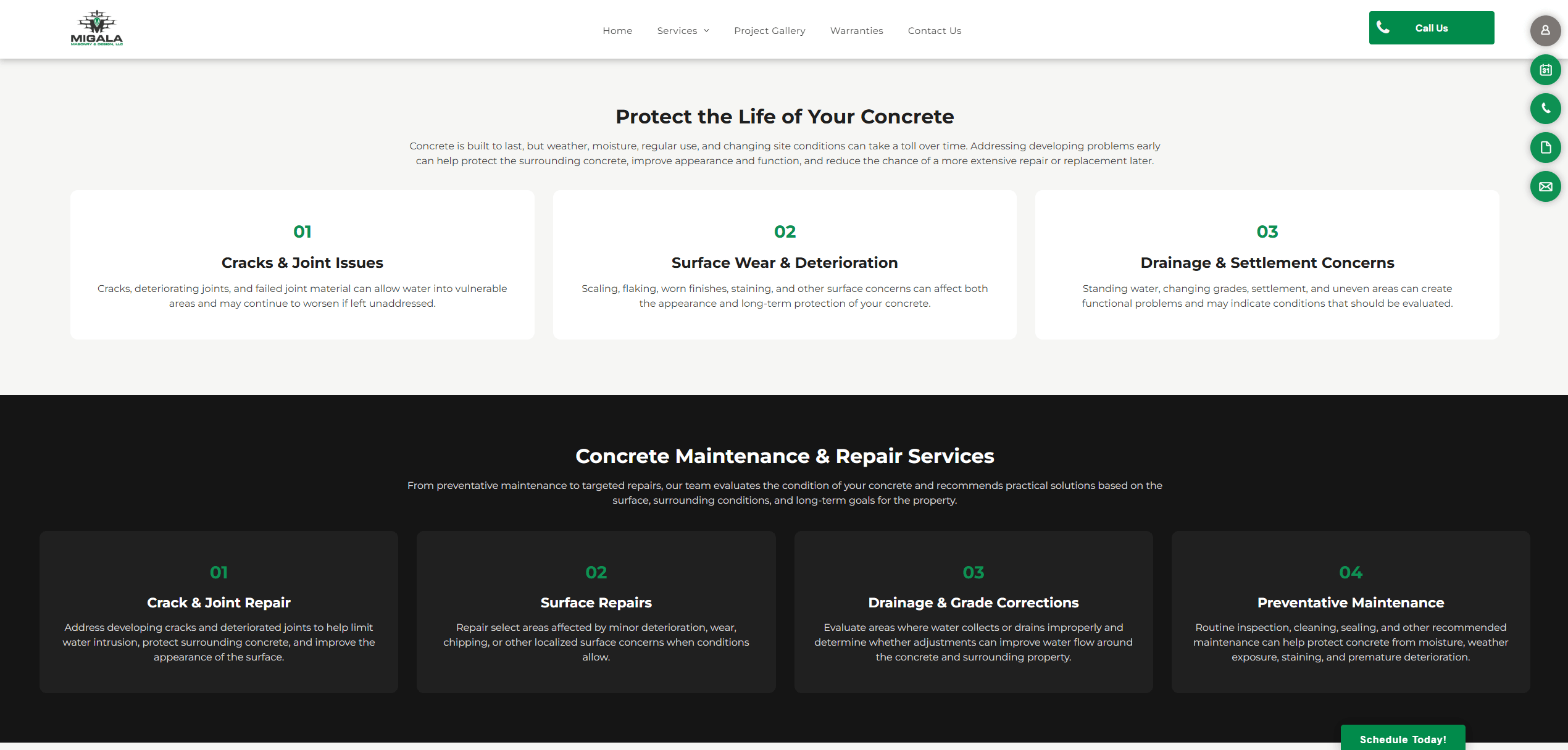 Redesigned concrete maintenance page with organized maintenance services