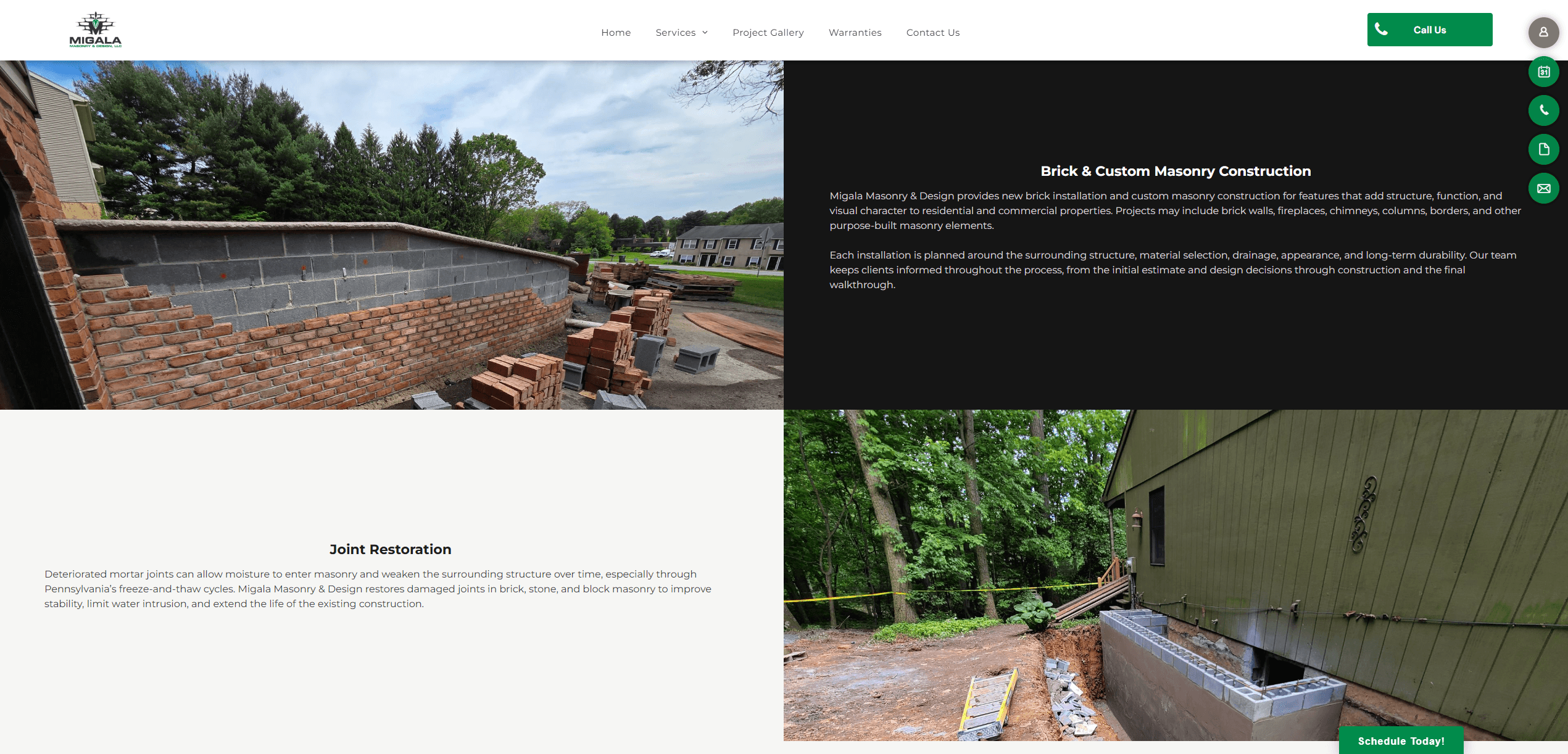 Redesigned masonry services page with alternating project images and service explanations