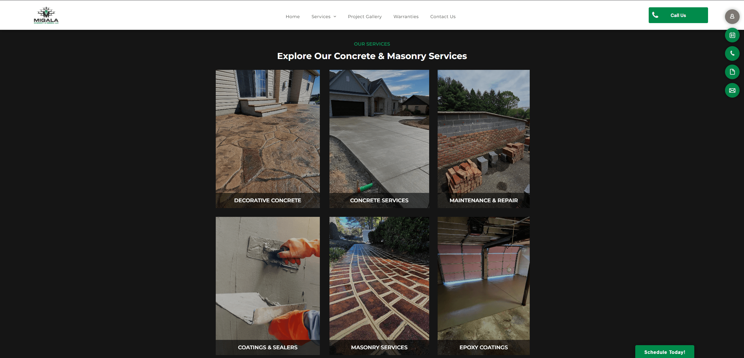 Redesigned masonry contractor homepage showing organized service categories