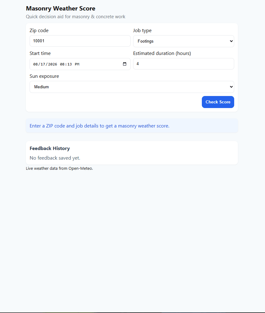 Masonry Weather Planner job-details form before a weather score is generated